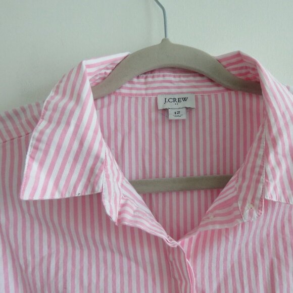 J. CREW Collared Puff Sleeve Mini Shirt Dress Striped Cotton Pink White Preppy - Picture 6 of 16